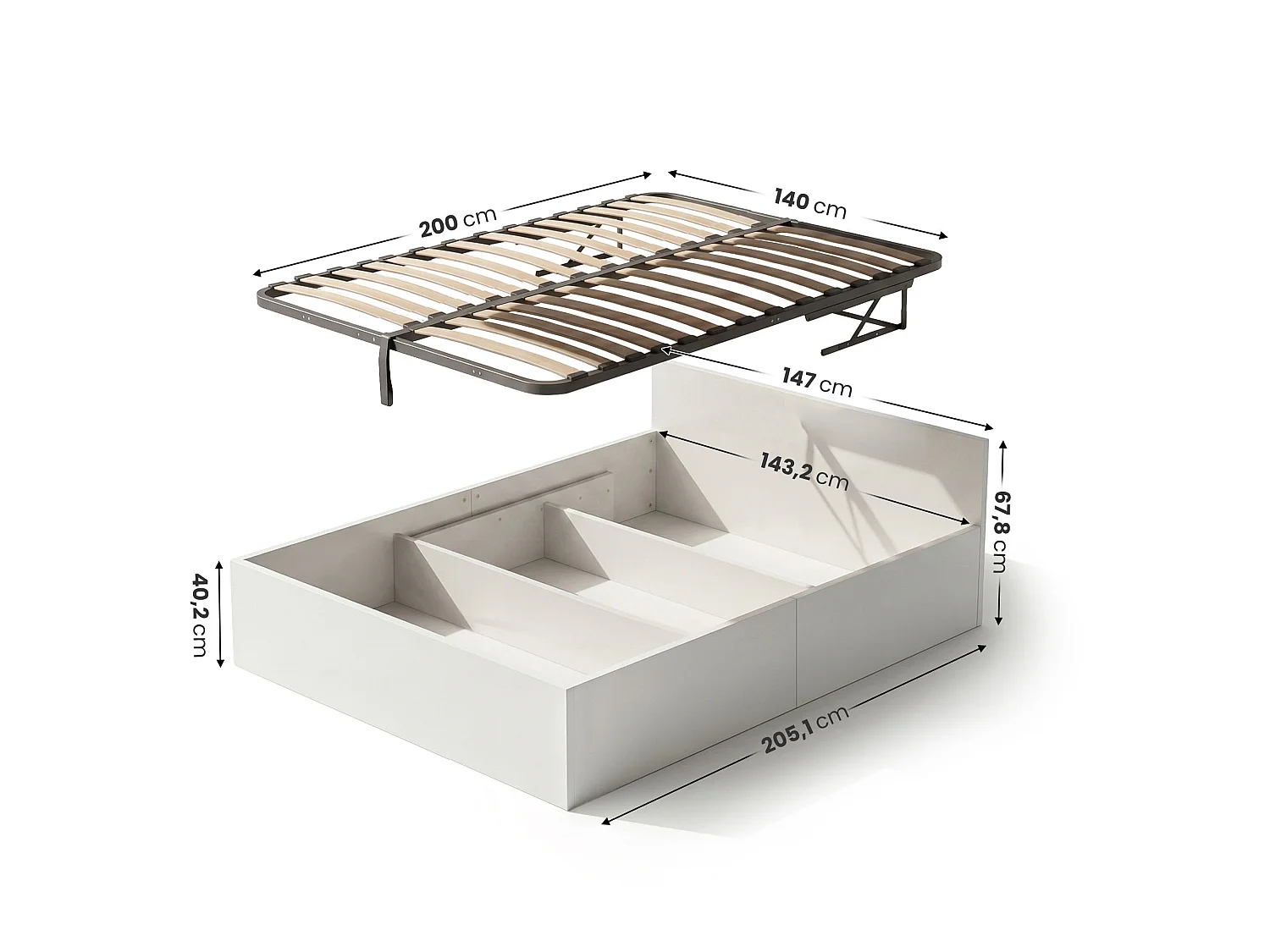Lit coffre 140x200 cm sommier relevable en métal Blanc