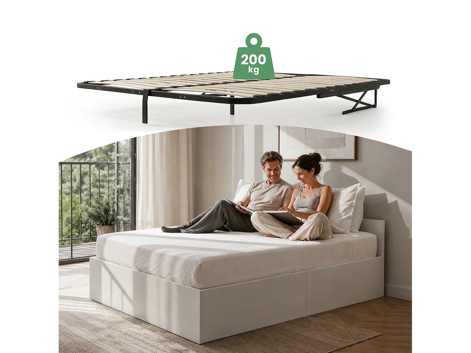 Lit coffre 140x200 cm sommier relevable en métal Blanc