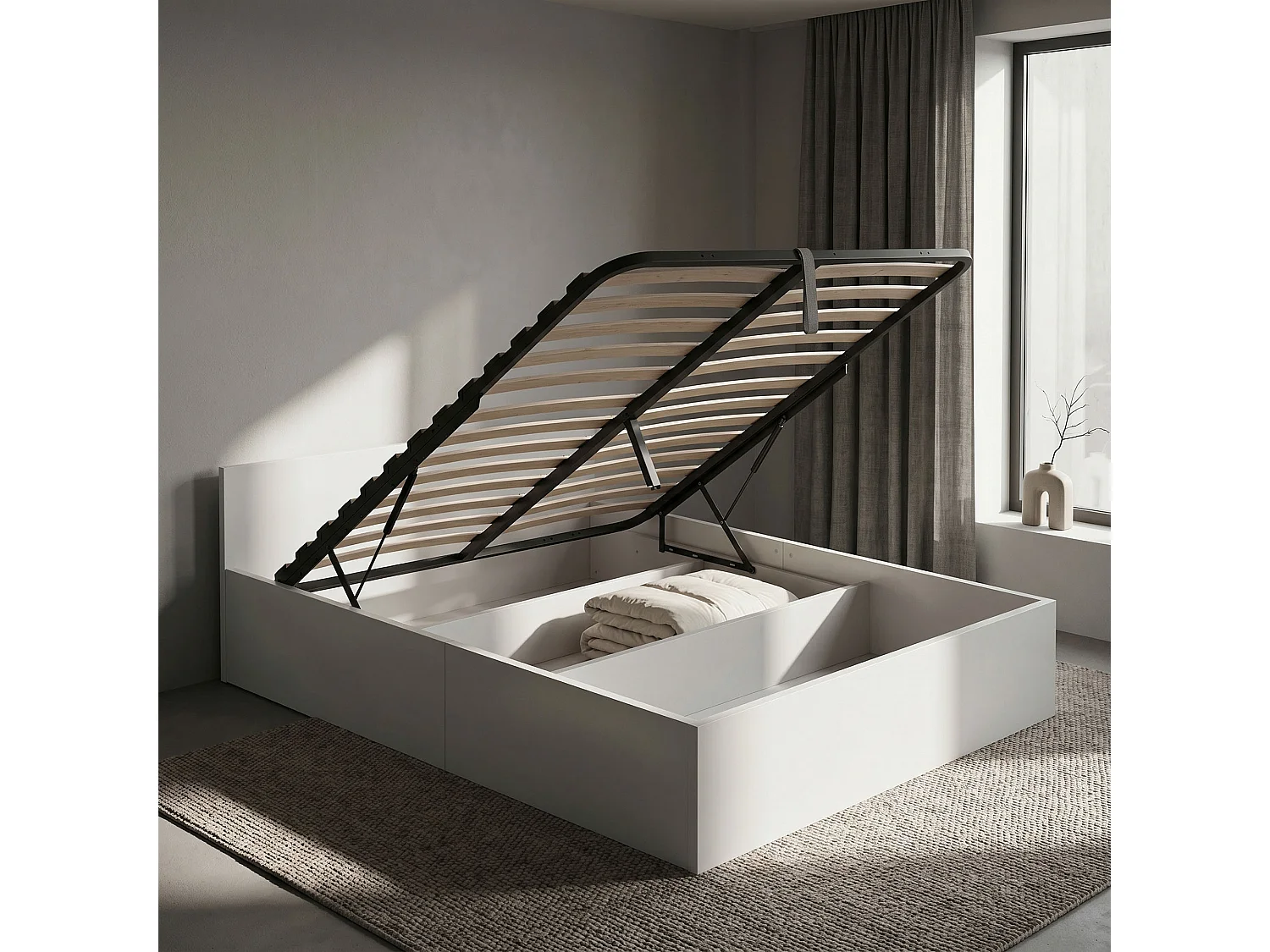 Lit coffre 140x200 cm sommier relevable en métal Blanc