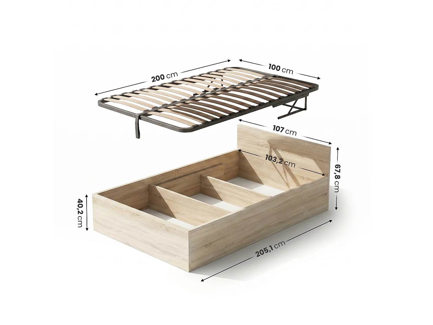 Letto con contenitore 100x200 cm rete sollevabile in metallo Rovere Sonoma