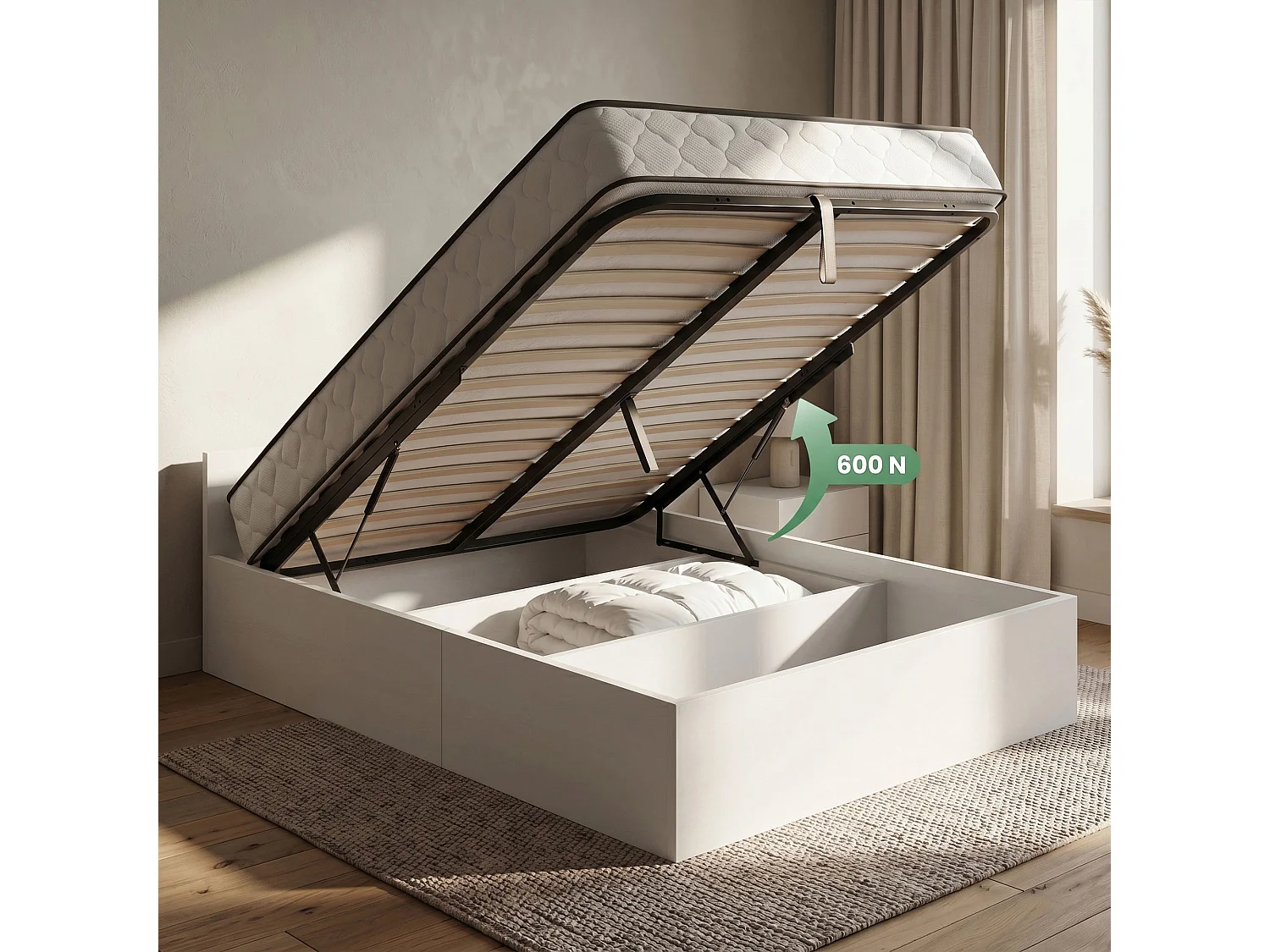 Lit coffre 120x200 cm sommier relevable en métal et matelas à ressorts Blanc