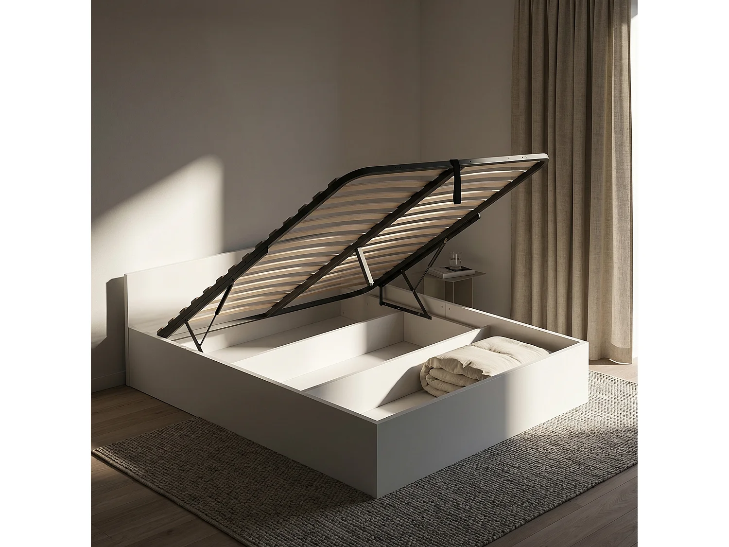 Lit coffre 160x200 cm sommier relevable en métal Blanc