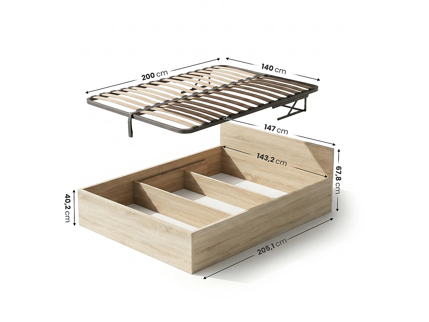 Lit coffre 140x200 cm sommier relevable en métal Chêne Sonoma
