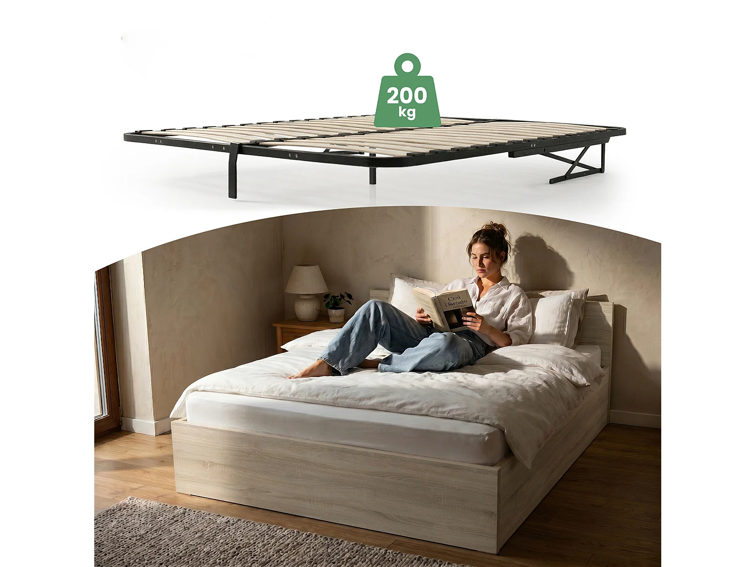Lit coffre 140x200 cm sommier relevable en métal Chêne Sonoma
