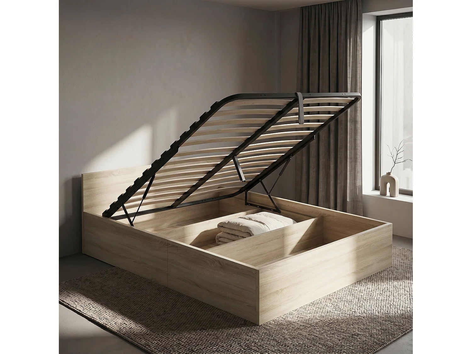 Lit coffre 140x200 cm sommier relevable en métal Chêne Sonoma