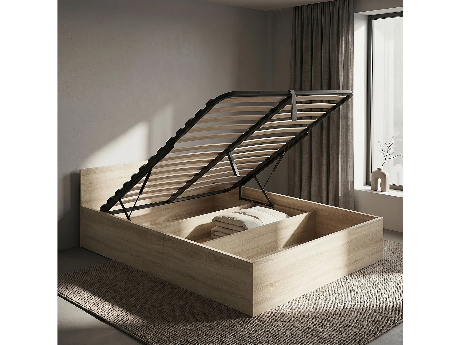 Lit coffre 140x200 cm sommier relevable en métal Chêne Sonoma