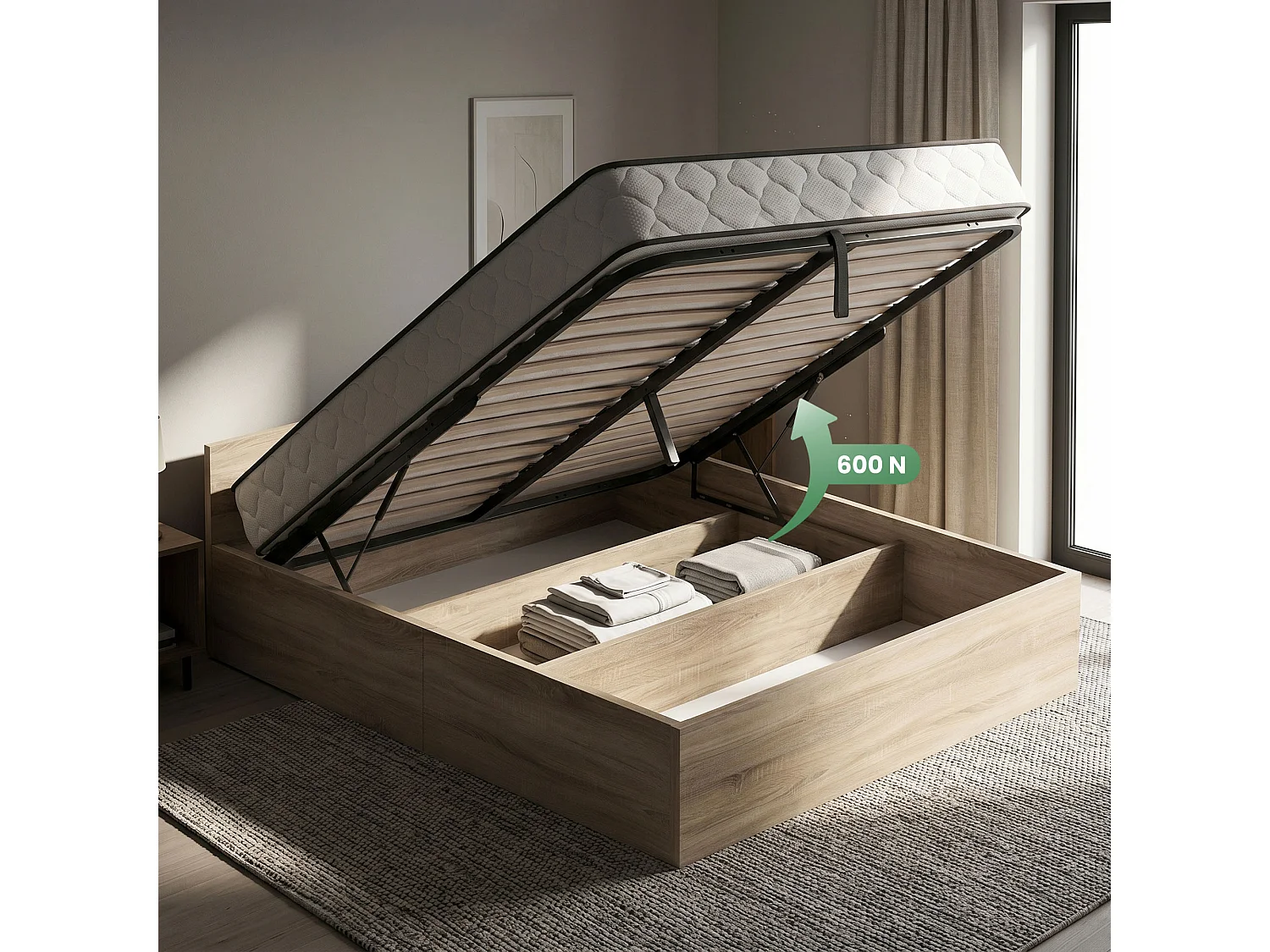 Cama com sommier rebatível 160x200 cm estrado elevatório de metal e colchão de molas Carvalho Sonoma