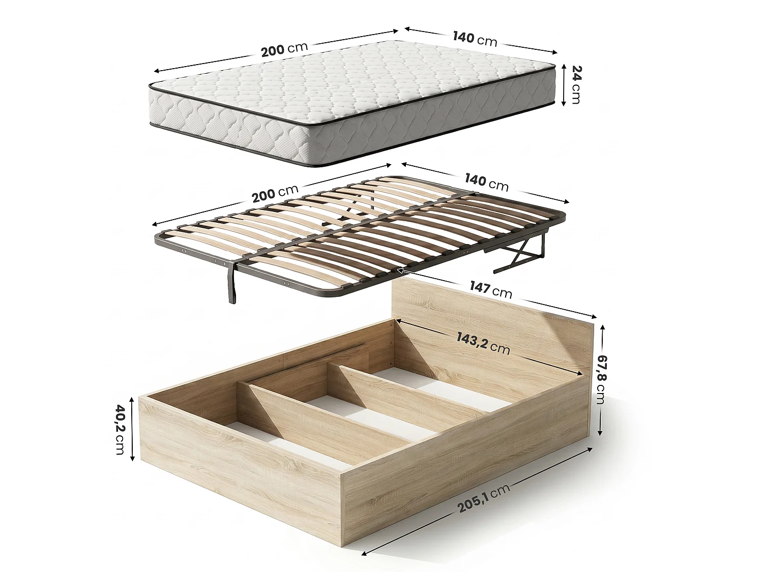 Cama com sommier rebatível 140x200 cm estrado elevatório de metal e colchão de molas Carvalho Sonoma