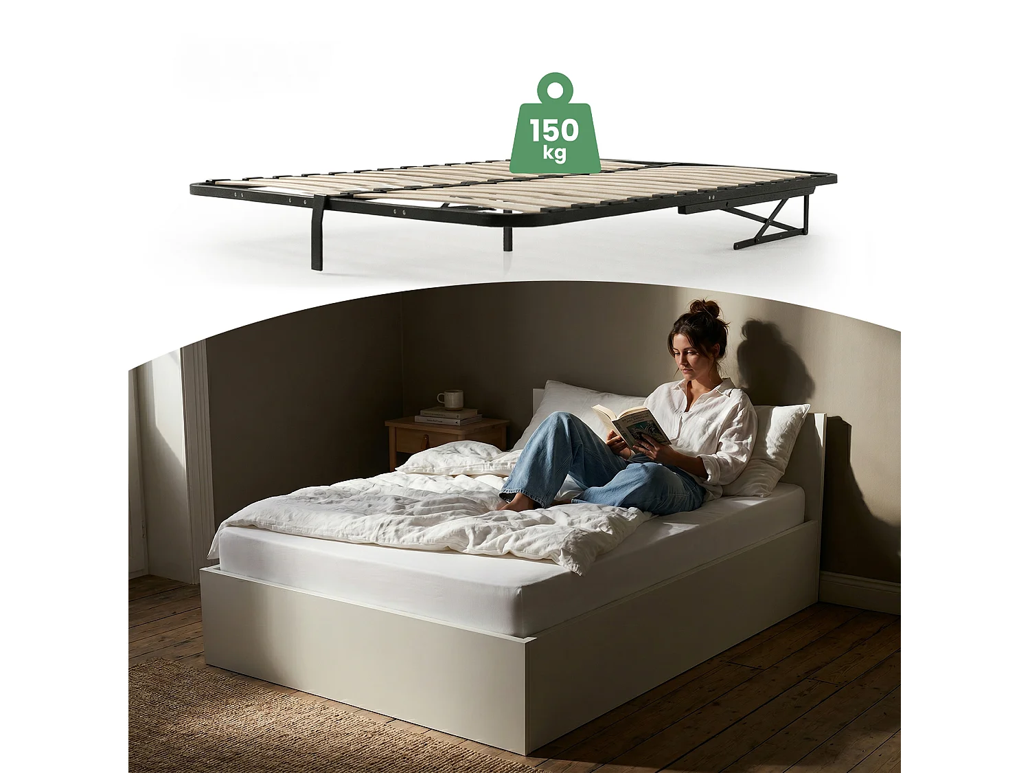 Cama com sommier rebatível 120x200 cm estrado elevatório de metal Branco