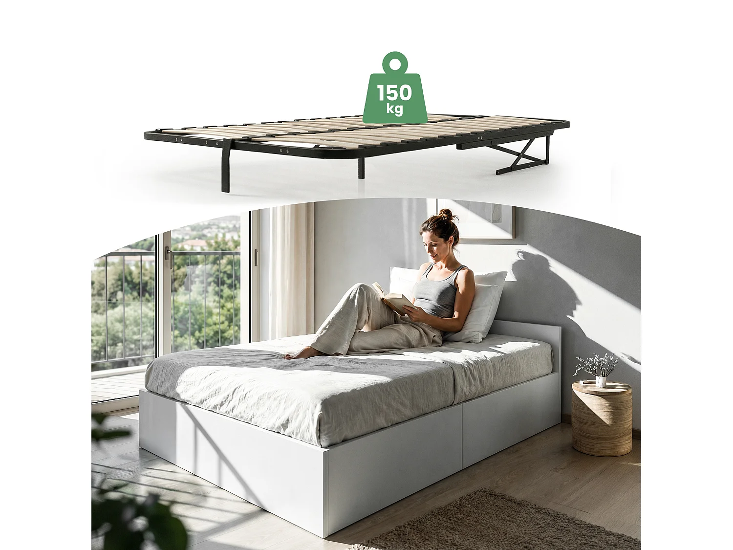 Lit coffre 120x200 cm sommier relevable en métal Blanc