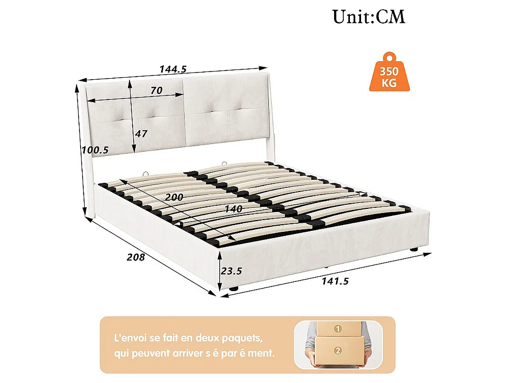 Lit hydraulique - 140 x 200 cm - Avec lumière LED et sacs en tissu de rangement des deux côtés du côté du lit - Velvet - Beige