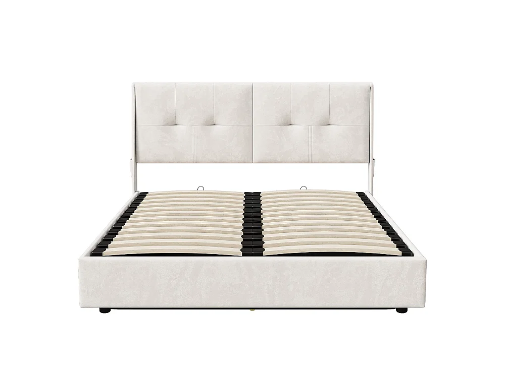 Lit hydraulique - 140 x 200 cm - Avec lumière LED et sacs en tissu de rangement des deux côtés du côté du lit - Velvet - Beige