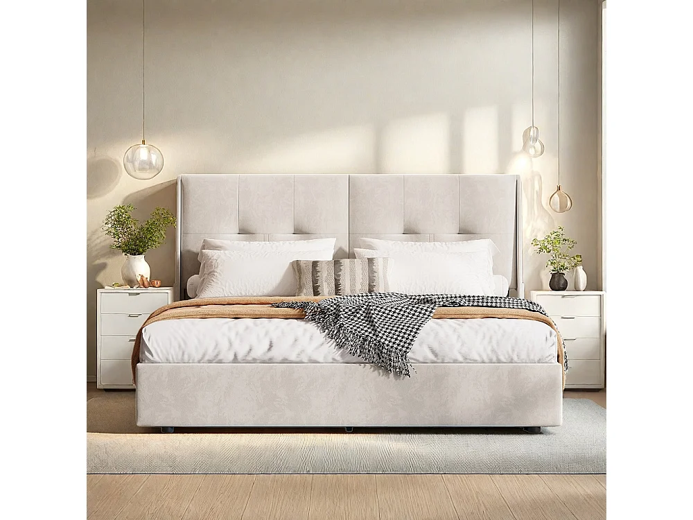 Lit hydraulique - 160 x 200 cm - Avec lumière LED et sacs en tissu de rangement des deux côtés du côté du lit - Velvet - Beige