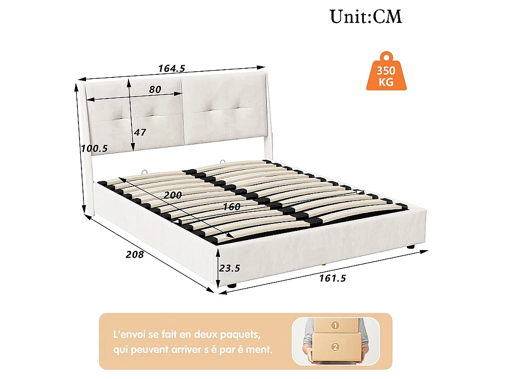 Lit hydraulique - 160 x 200 cm - Avec lumière LED et sacs en tissu de rangement des deux côtés du côté du lit - Velvet - Beige