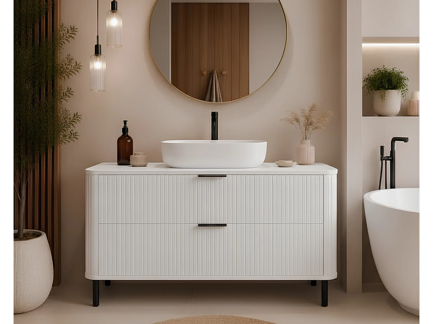 Meuble de salle de bain sur pieds avec tiroirs et pieds métalliques, coloris Blanc, poignée noir, pieds noir, 120 x 41,5 x 66,7 cm