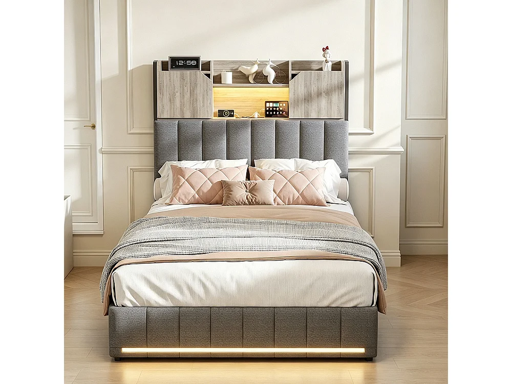 Lit de rangement simple - 90x200cm - avec 2 tiroirs et port de charge USB Type-c - avec éclairage LED et compartiment de rangement - Tissu de lin - gris