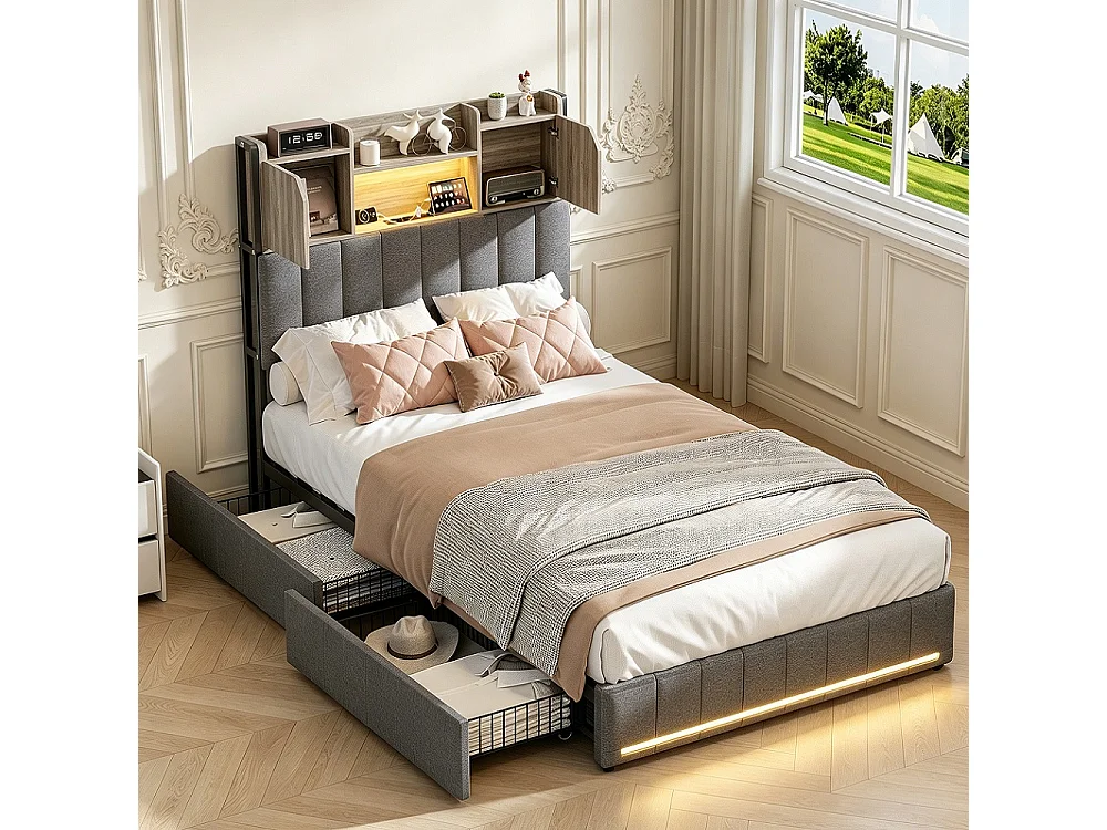 Lit de rangement simple - 90x200cm - avec 2 tiroirs et port de charge USB Type-c - avec éclairage LED et compartiment de rangement - Tissu de lin - gris