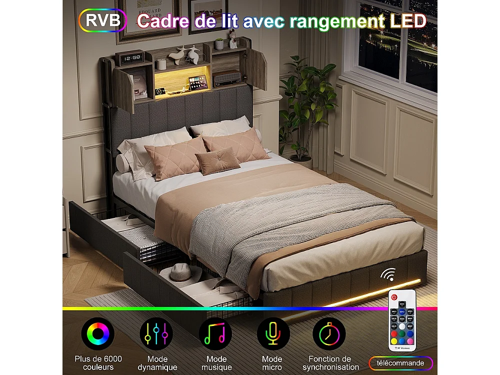 Lit de rangement simple - 90x200cm - avec 2 tiroirs et port de charge USB Type-c - avec éclairage LED et compartiment de rangement - Tissu de lin - gris