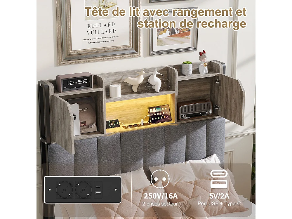 Lit de rangement simple - 90x200cm - avec 2 tiroirs et port de charge USB Type-c - avec éclairage LED et compartiment de rangement - Tissu de lin - gris