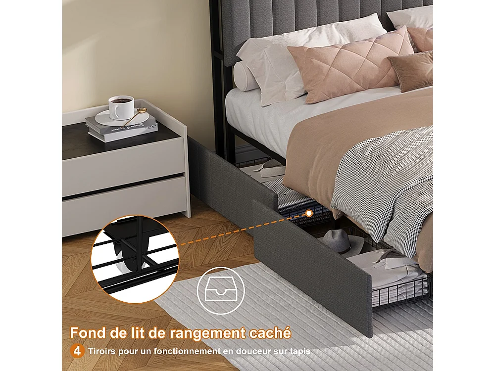 Lit de rangement simple - 90x200cm - avec 2 tiroirs et port de charge USB Type-c - avec éclairage LED et compartiment de rangement - Tissu de lin - gris