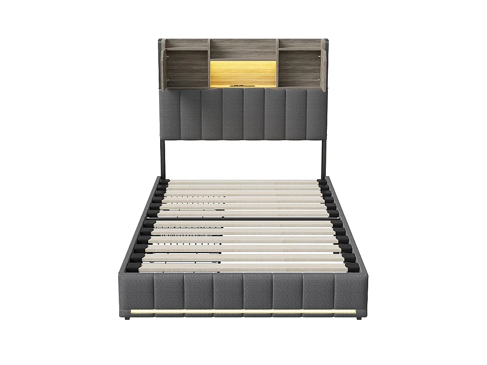 Lit de rangement simple - 90x200cm - avec 2 tiroirs et port de charge USB Type-c - avec éclairage LED et compartiment de rangement - Tissu de lin - gris