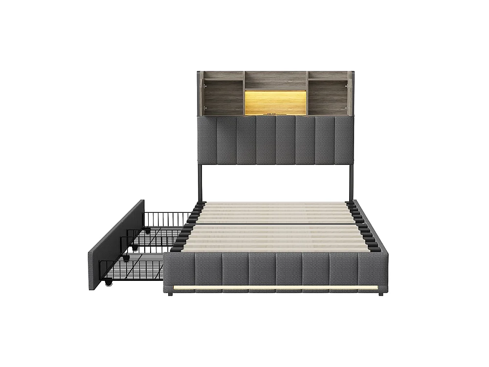 Lit de rangement simple - 90x200cm - avec 2 tiroirs et port de charge USB Type-c - avec éclairage LED et compartiment de rangement - Tissu de lin - gris