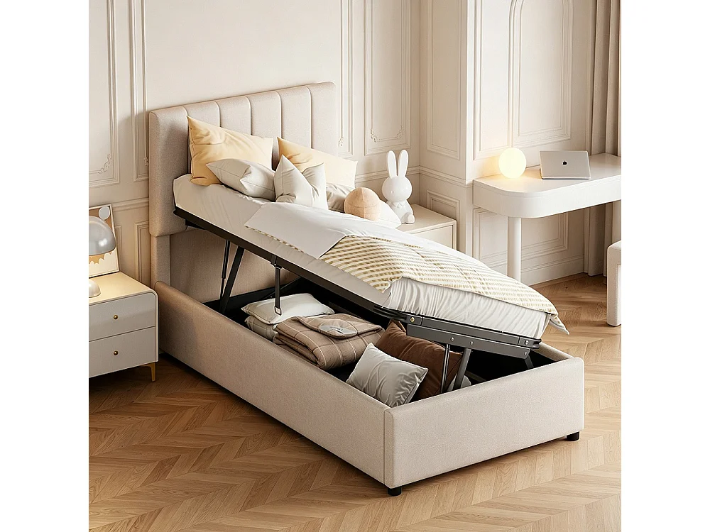 lit de stockage hydraulique - 90 x 200 cm - design classique à rayures verticales - hauteur de tête réglable - linge - beige