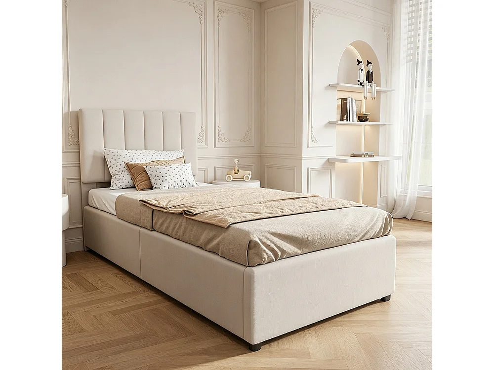 lit de stockage hydraulique - 90 x 200 cm - design classique à rayures verticales - hauteur de tête réglable - linge - beige