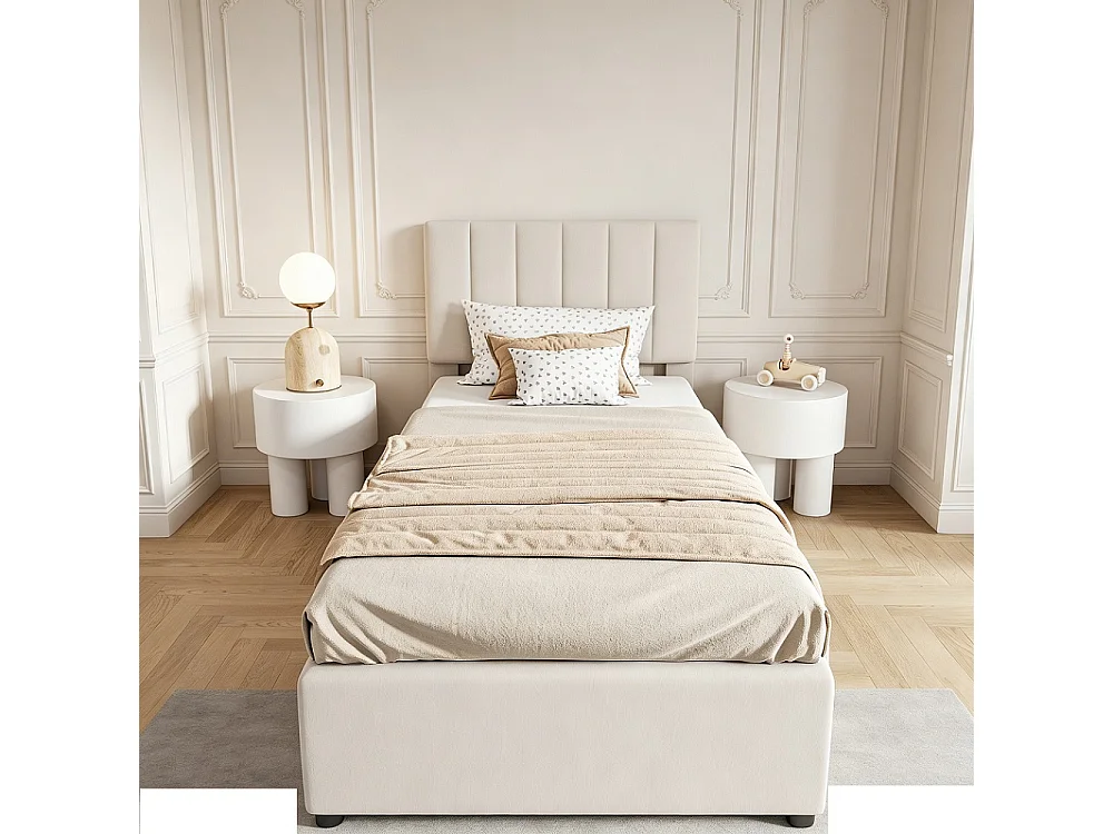 lit de stockage hydraulique - 90 x 200 cm - design classique à rayures verticales - hauteur de tête réglable - linge - beige