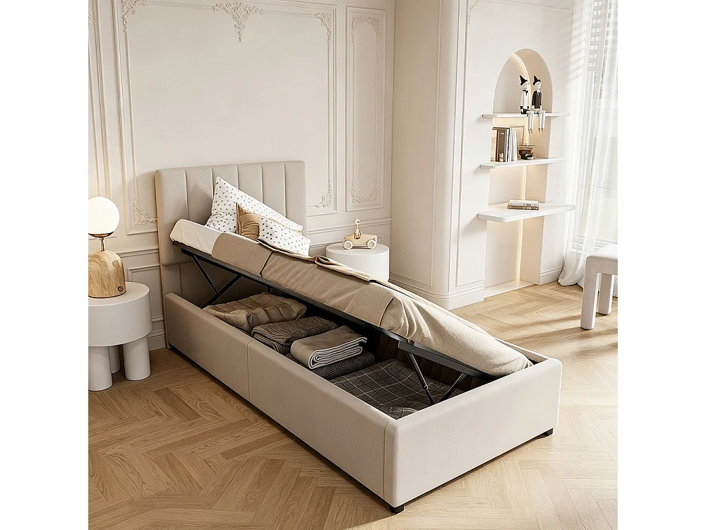 lit de stockage hydraulique - 90 x 200 cm - design classique à rayures verticales - hauteur de tête réglable - linge - beige