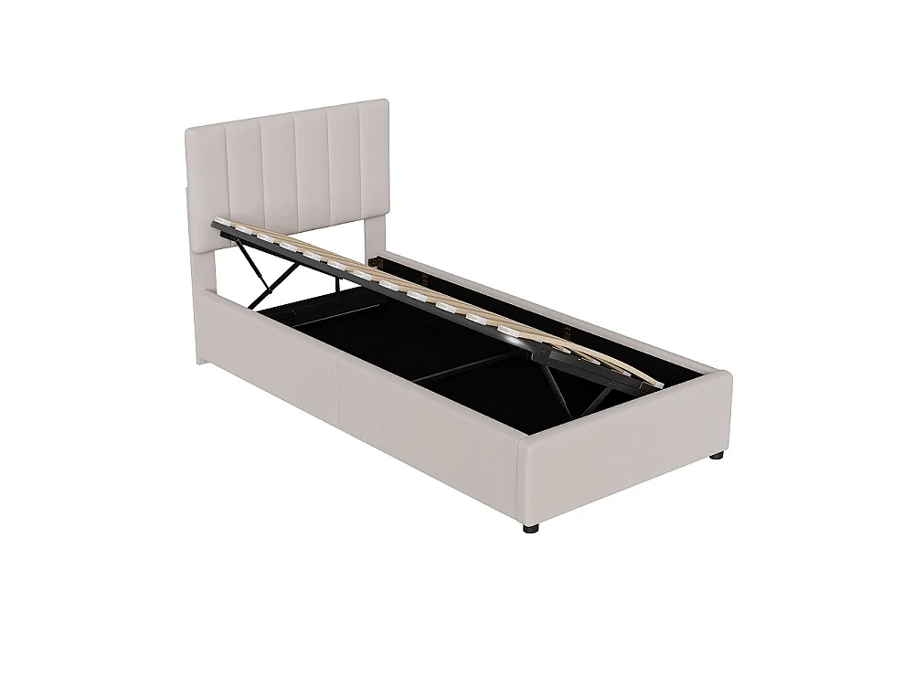 lit de stockage hydraulique - 90 x 200 cm - design classique à rayures verticales - hauteur de tête réglable - linge - beige