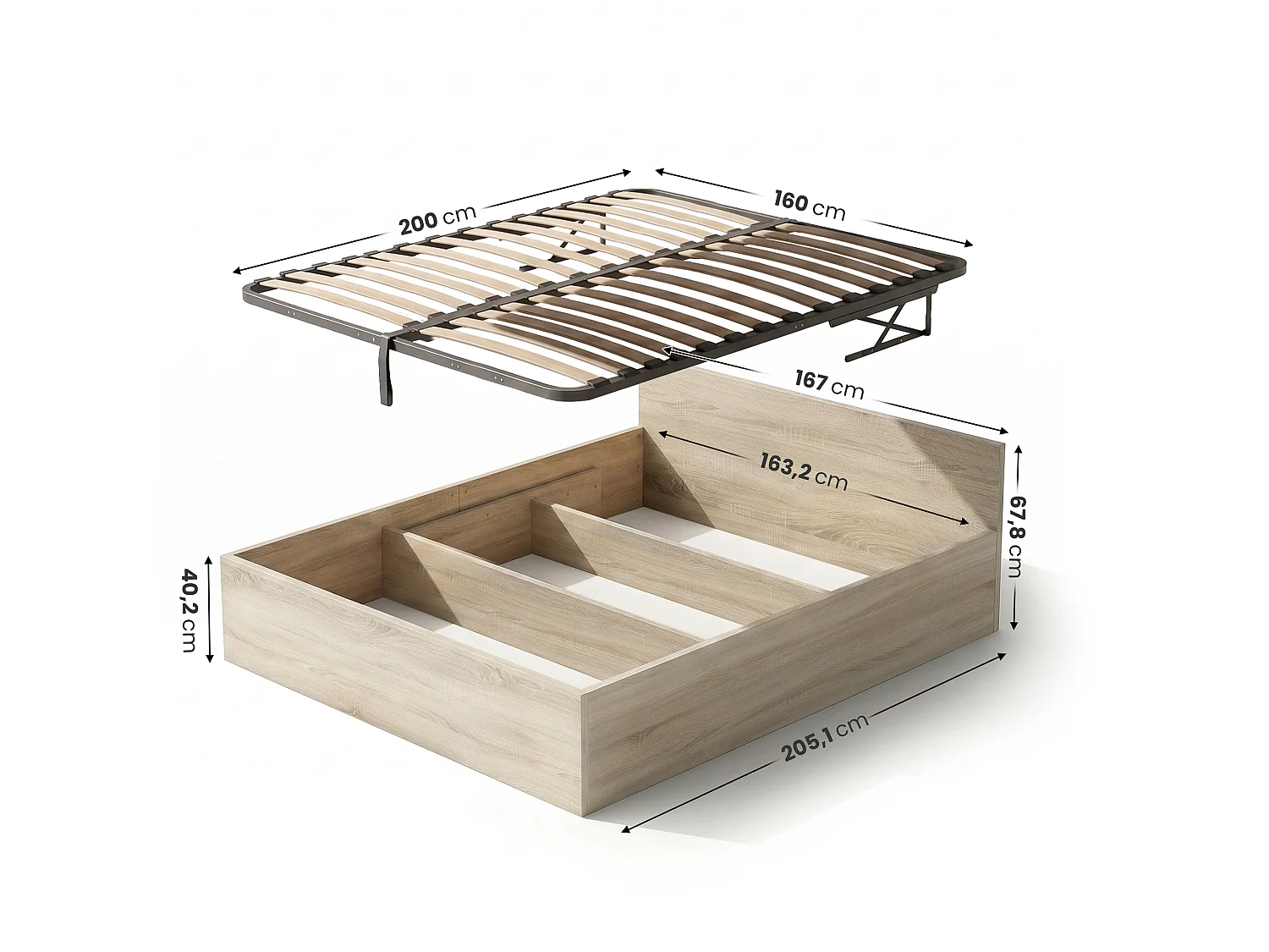 Lit coffre 160x200 cm sommier relevable en métal Chêne Sonoma