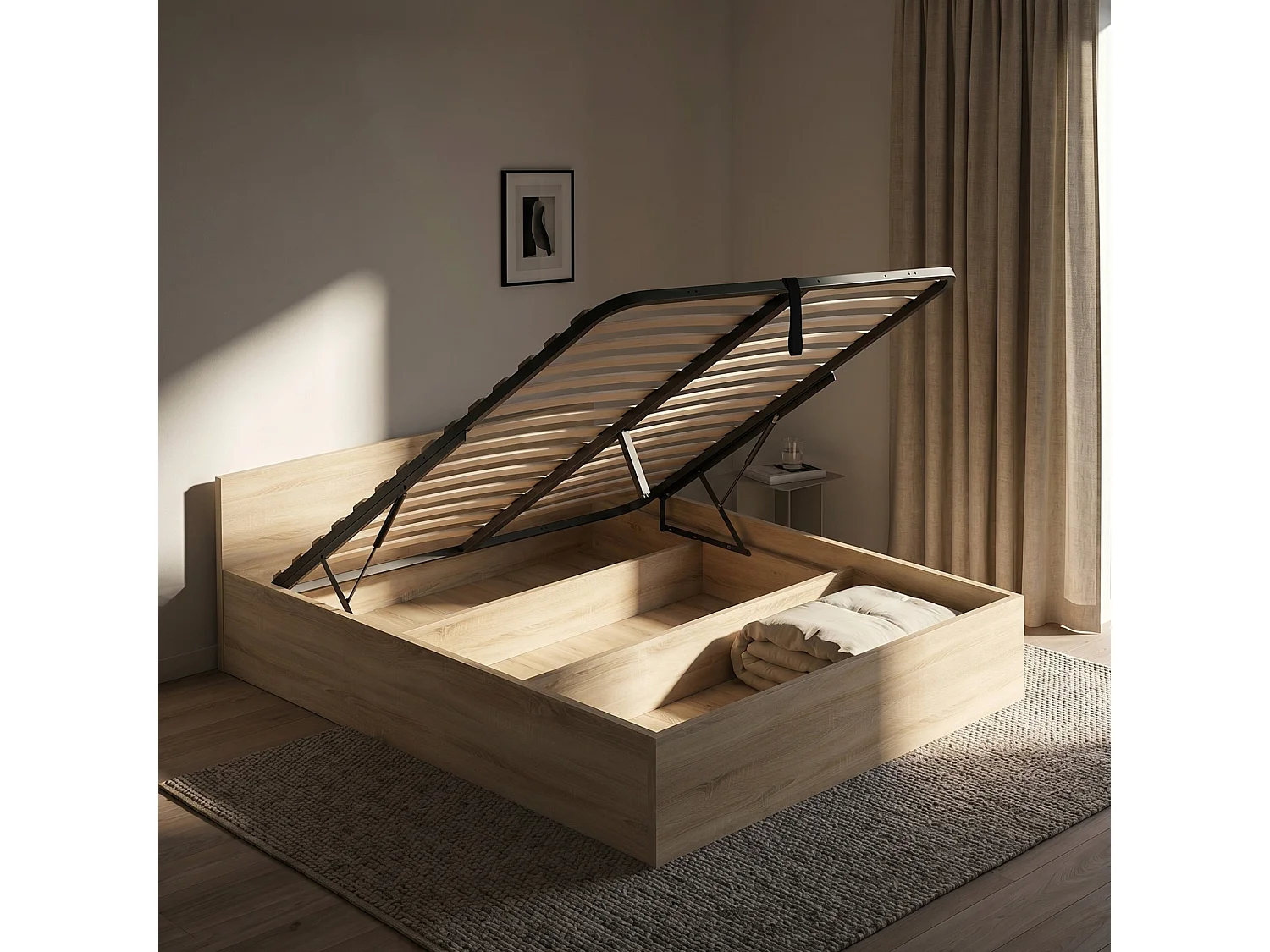 Lit coffre 160x200 cm sommier relevable en métal Chêne Sonoma