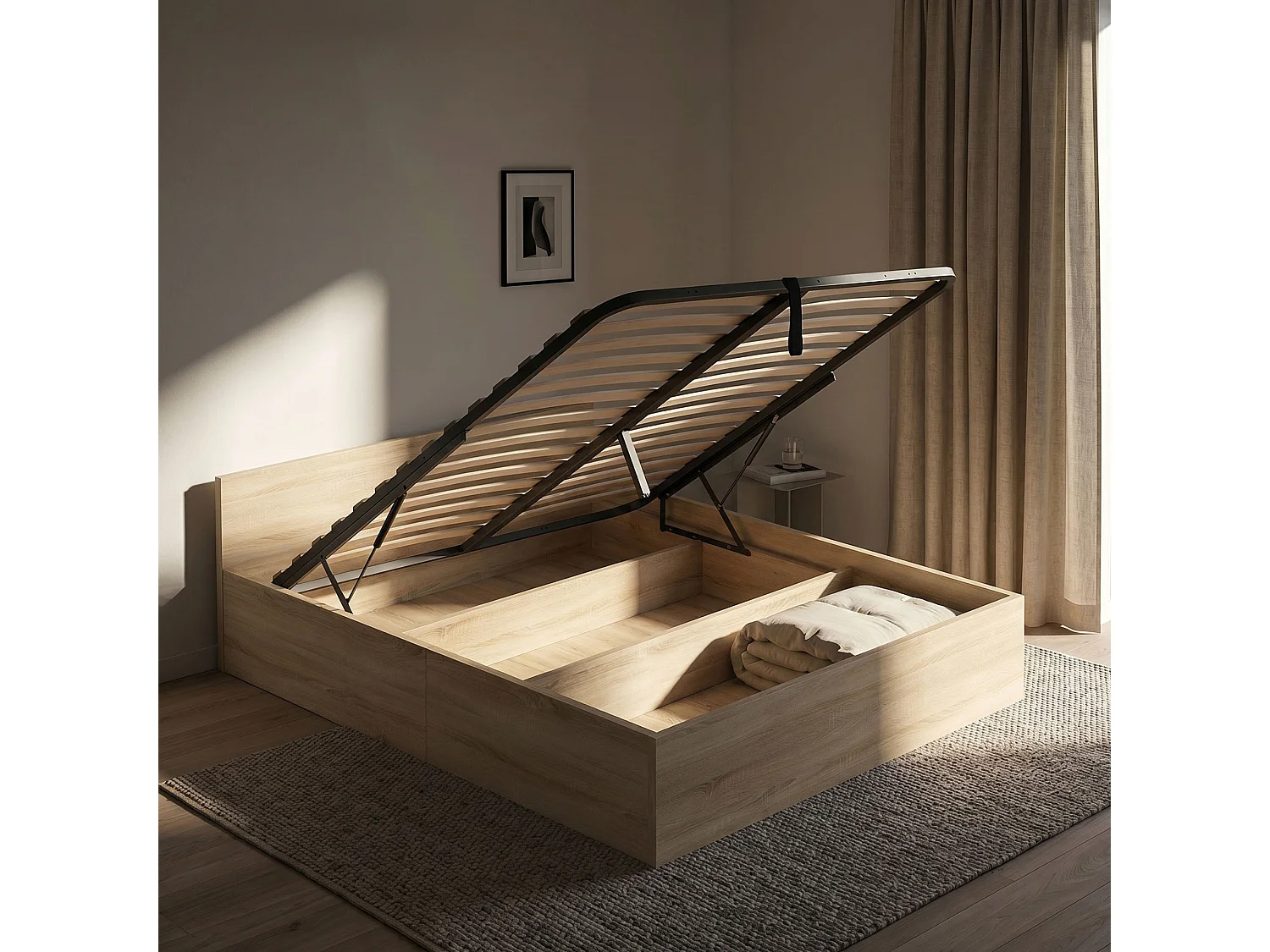 Lit coffre 160x200 cm sommier relevable en métal Chêne Sonoma