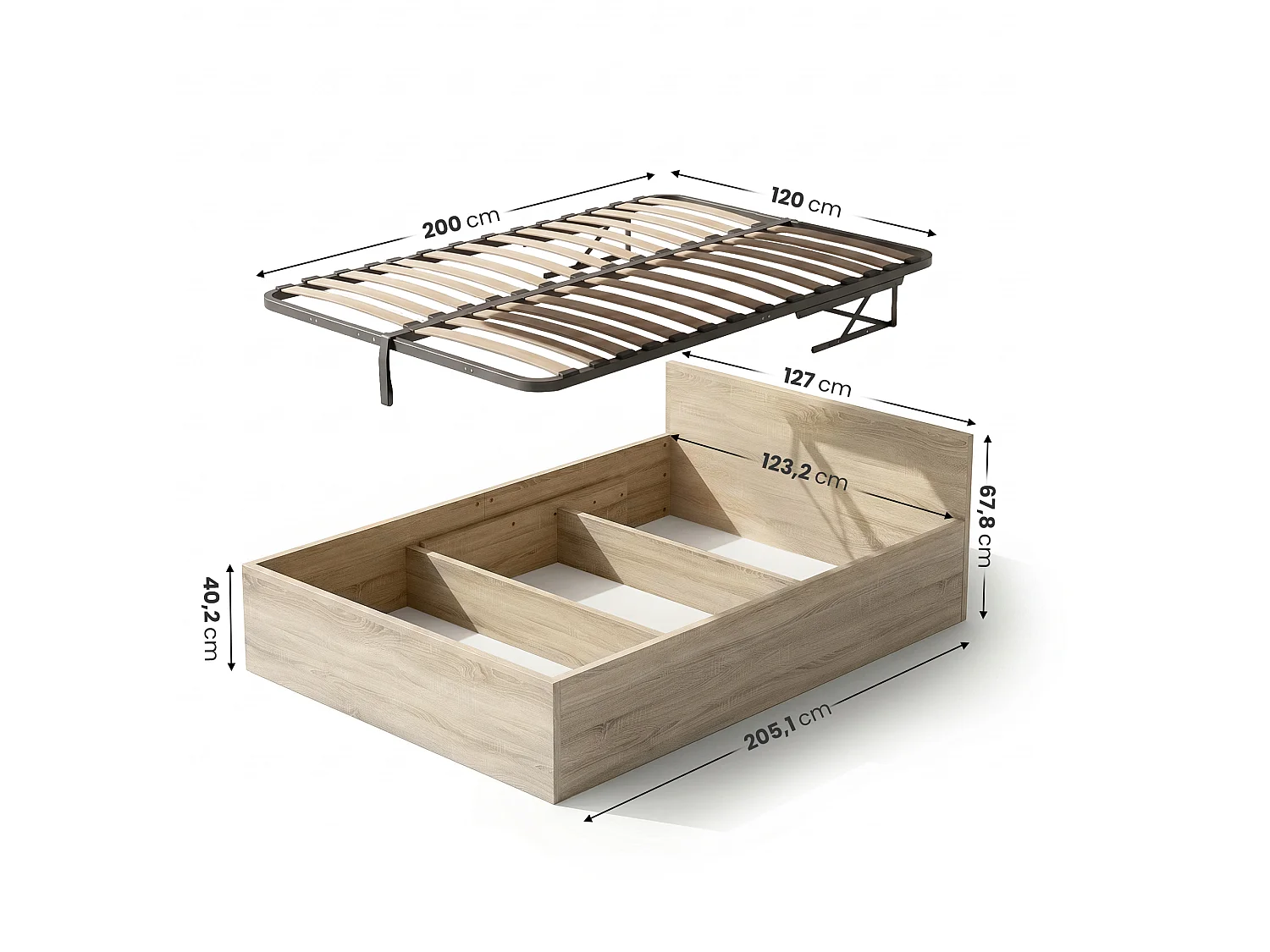 Lit coffre 120x200 cm sommier relevable en métal Chêne Sonoma