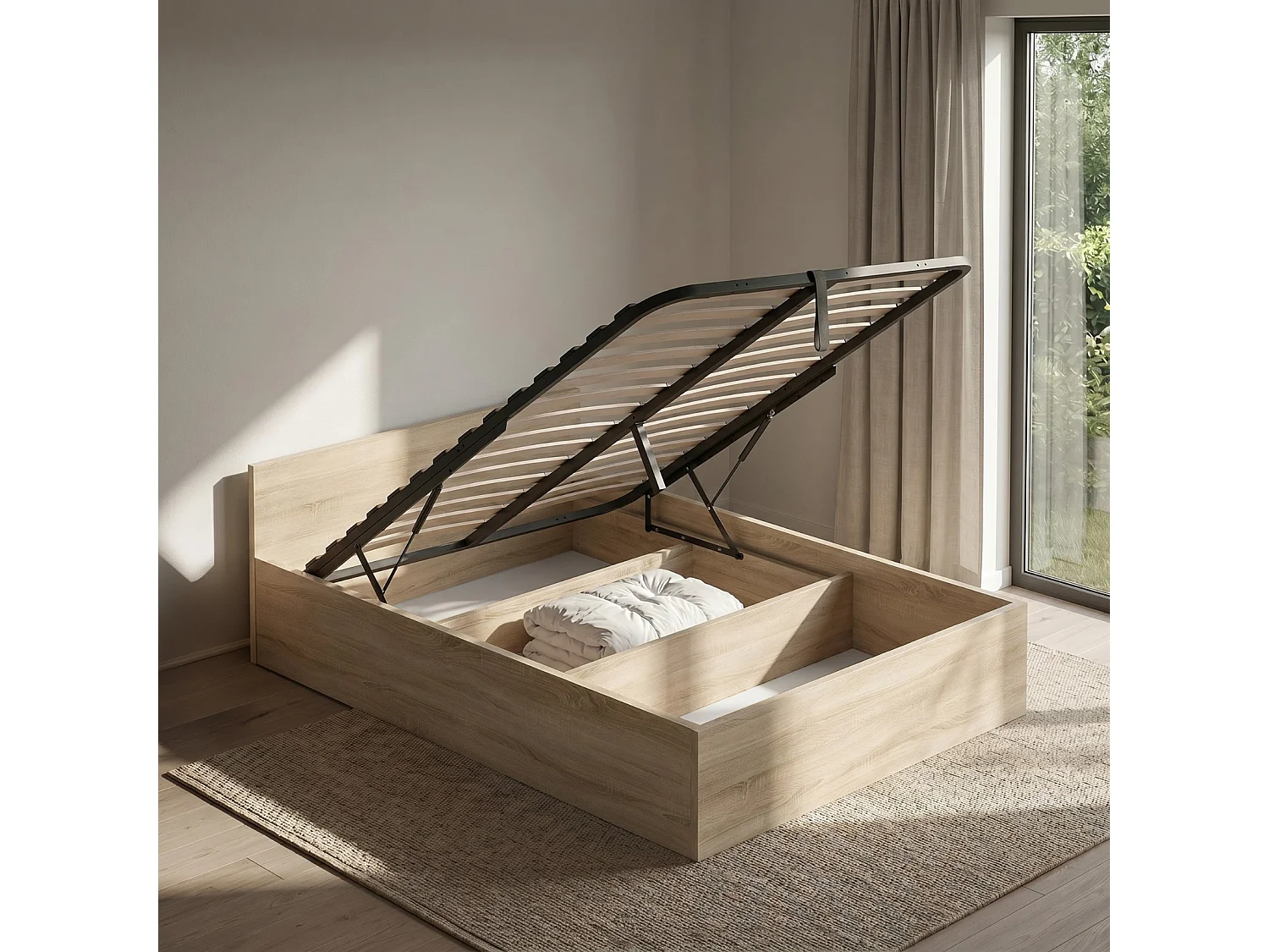 Lit coffre 120x200 cm sommier relevable en métal Chêne Sonoma