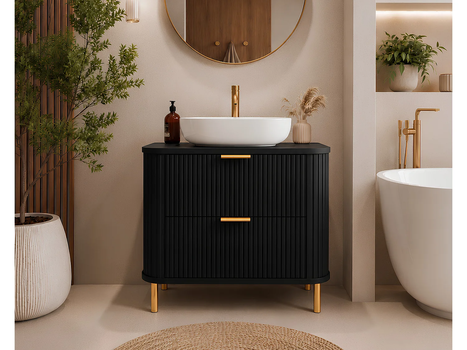 Free-standing bathroom cabinet with drawers and metal legs, colour Black, gold handle, gold legs, 80 x 41.5 x 66.7 cm