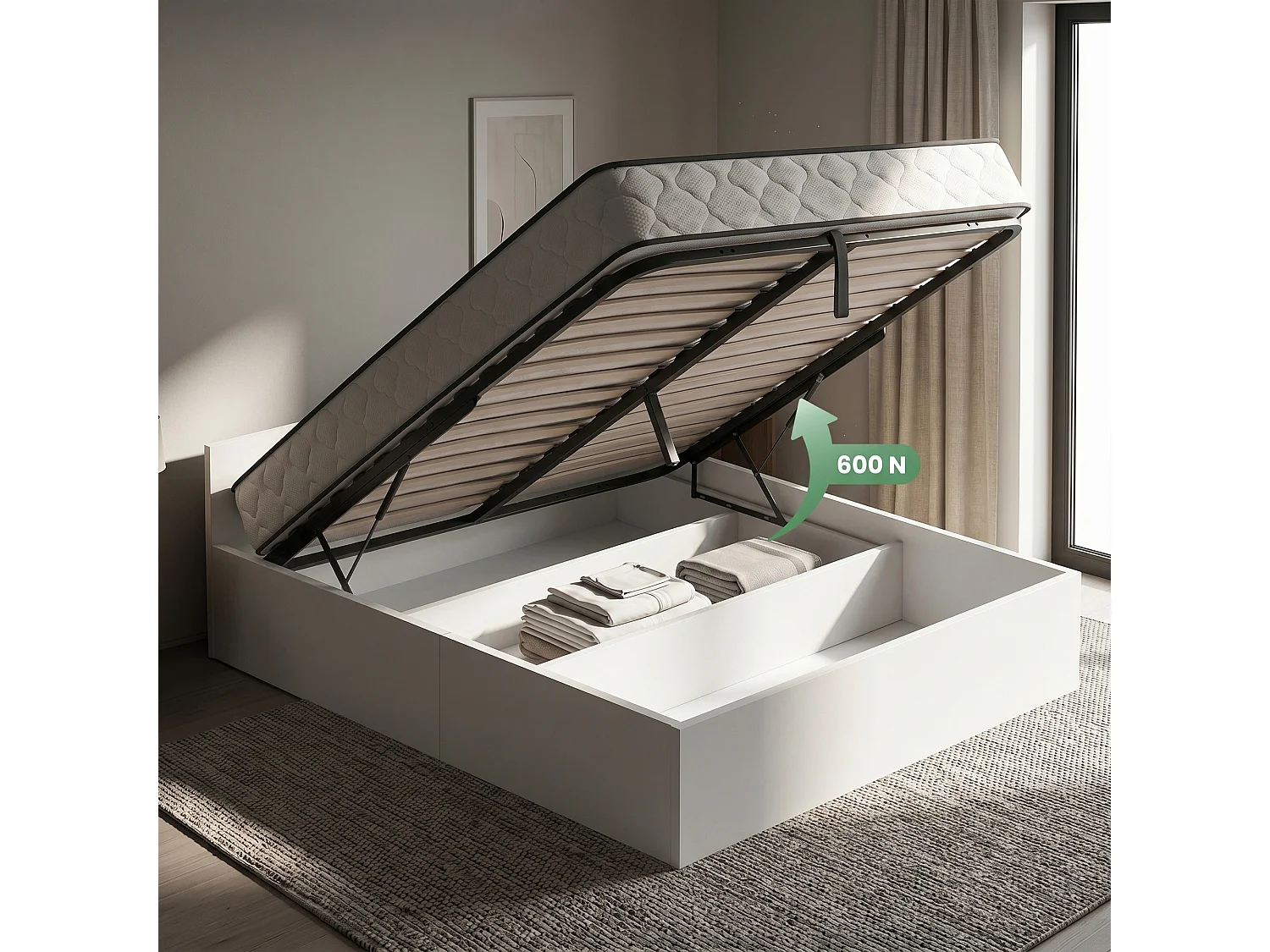 Cama com sommier rebatível 160x200 cm estrado elevatório de metal e colchão de molas Branco