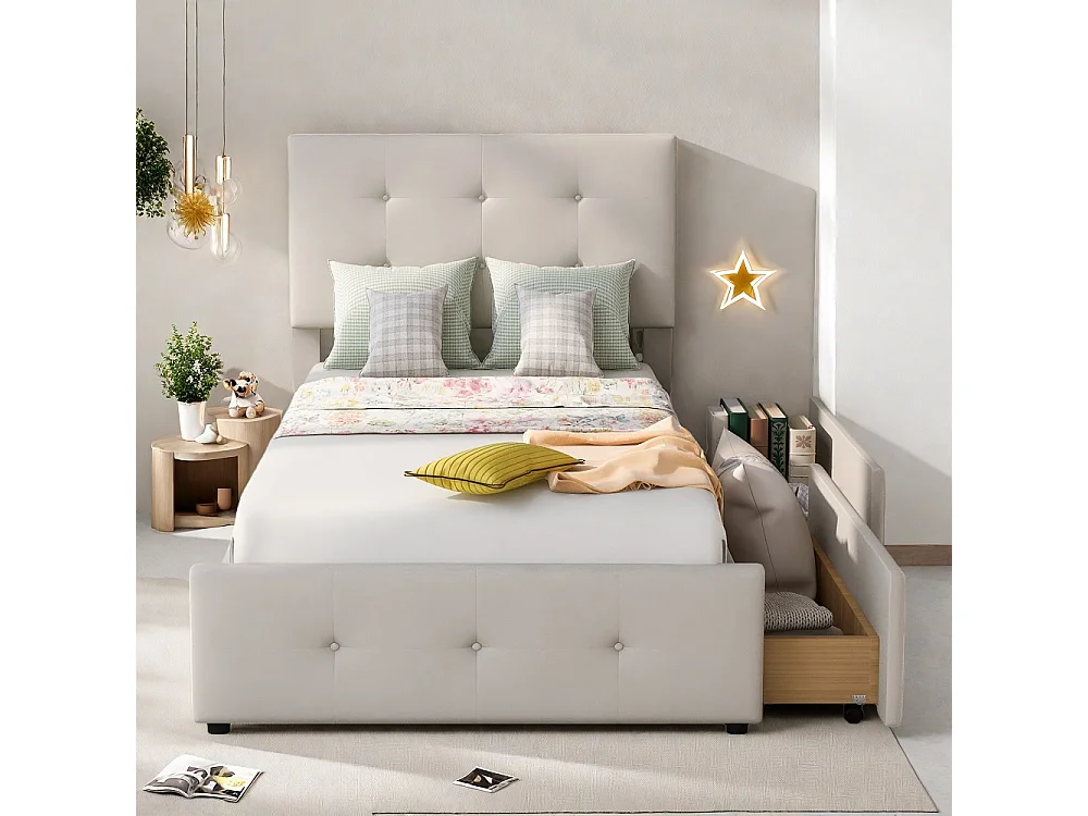 Lit simple plat - 90 x 200 cm - avec 2 tiroirs de rangement - sans matelas - Velvet - Beige