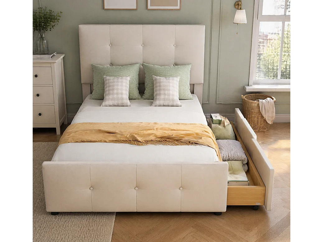 Lit simple plat - 90 x 200 cm - avec 2 tiroirs de rangement - sans matelas - Velvet - Beige