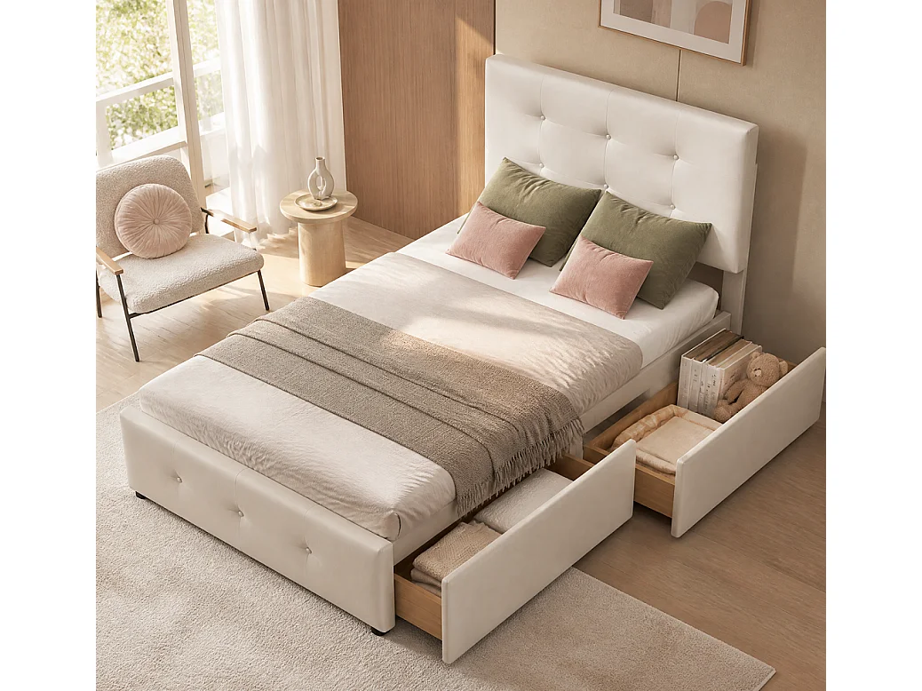 Lit simple plat - 90 x 200 cm - avec 2 tiroirs de rangement - sans matelas - Velvet - Beige