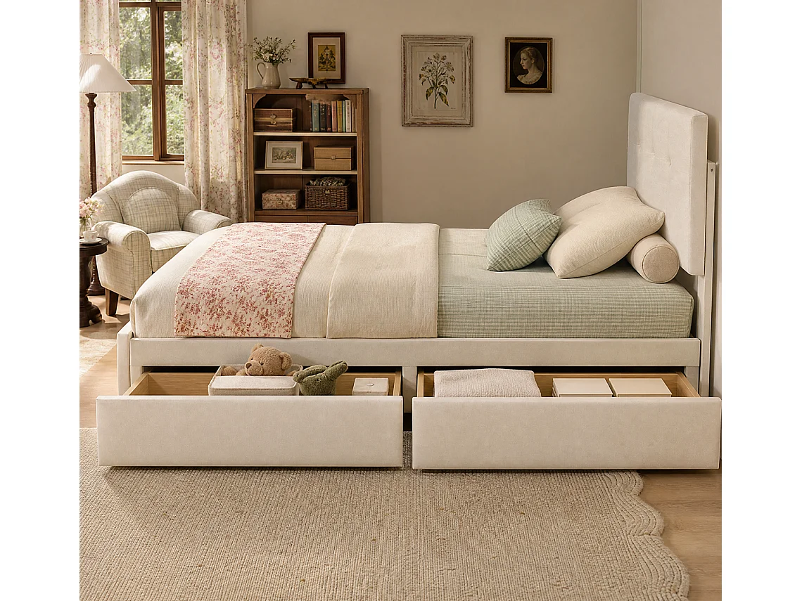 Lit simple plat - 90 x 200 cm - avec 2 tiroirs de rangement - sans matelas - Velvet - Beige