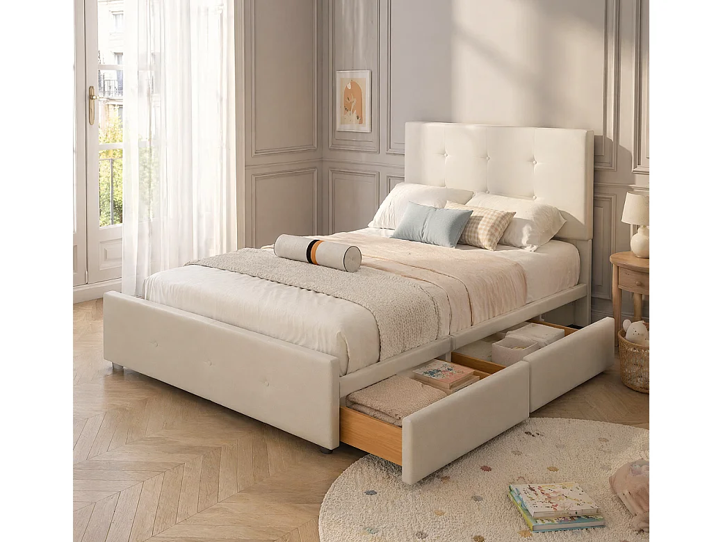 Lit simple plat - 90 x 200 cm - avec 2 tiroirs de rangement - sans matelas - Velvet - Beige