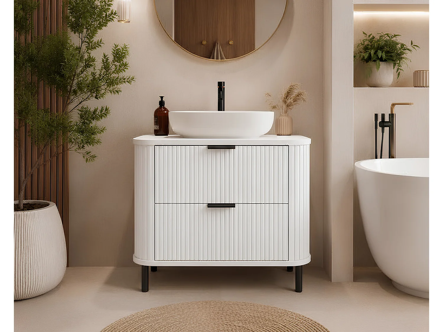 Meuble de salle de bain sur pieds avec tiroirs et pieds métalliques, coloris Blanc, poignée noir, pieds noir, 80 x 41,5 x 66,7 cm