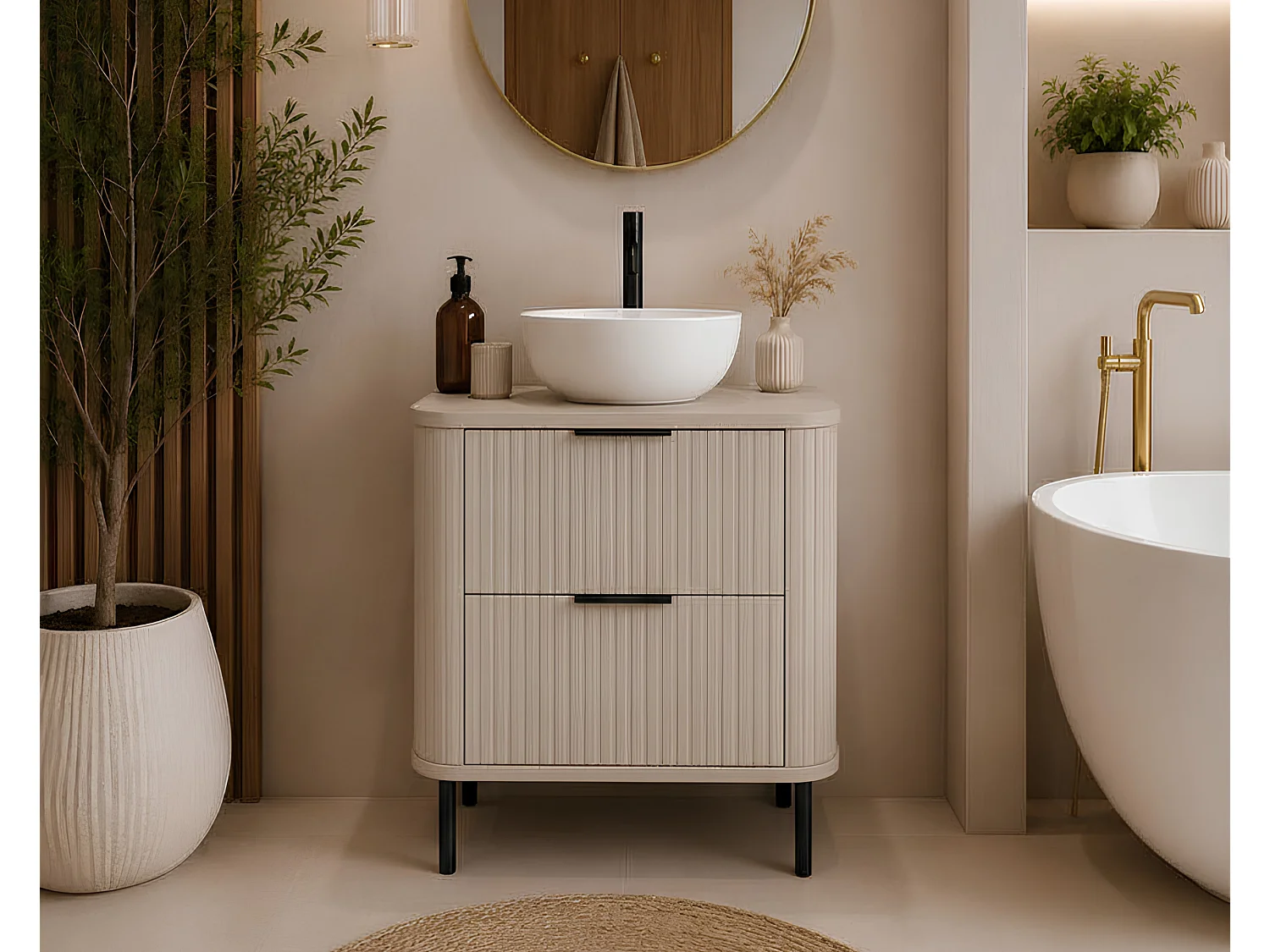 Free-standing bathroom cabinet with drawers and metal legs, colour Cashmere, black handle, black legs, 60 x 41.5 x 66.7 cm