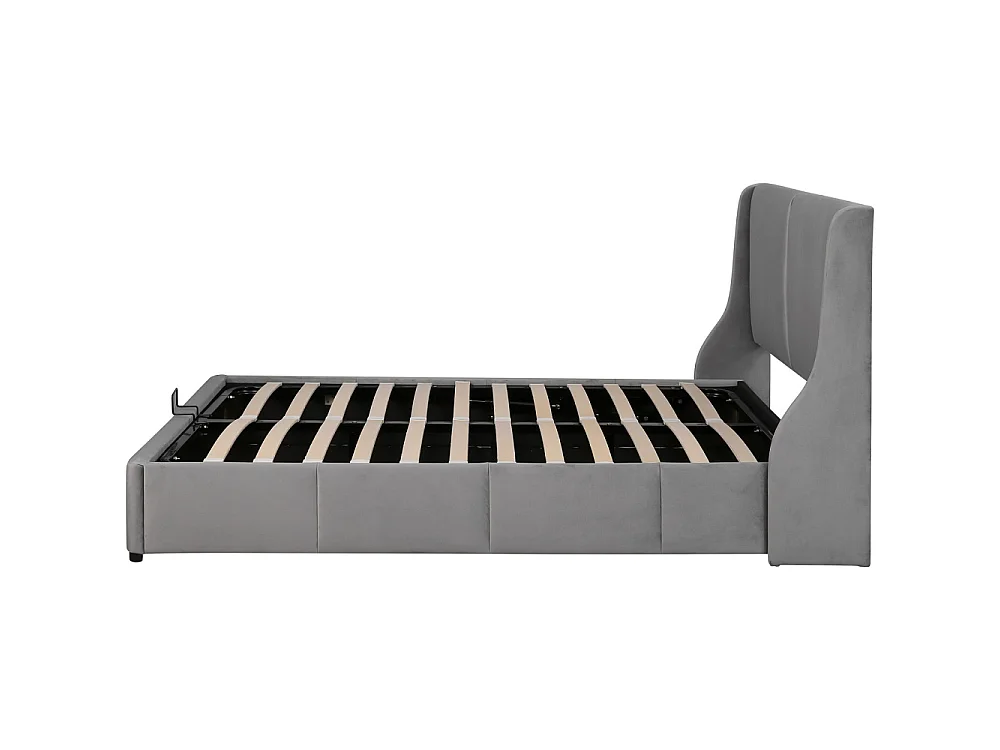 lit fonctionnel hydraulique - 140 x 190 cm - design binaural - tête d'aile - velours - gris