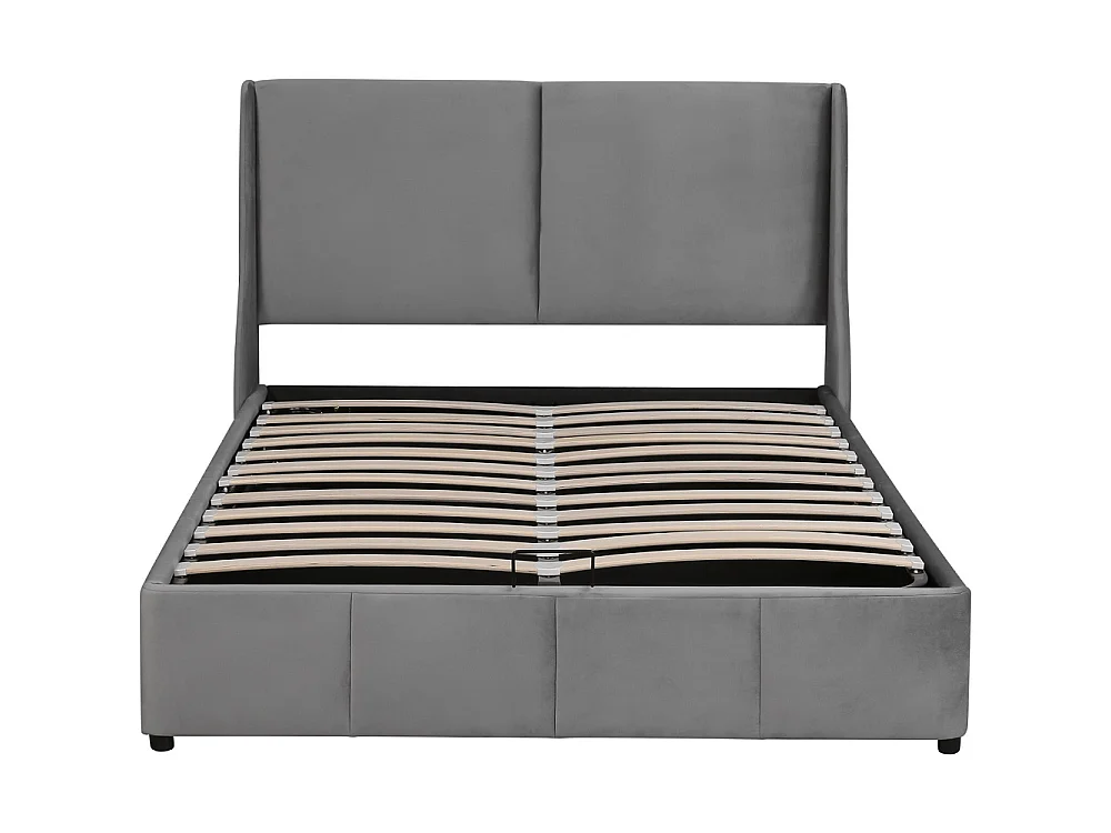 lit fonctionnel hydraulique - 140 x 190 cm - design binaural - tête d'aile - velours - gris