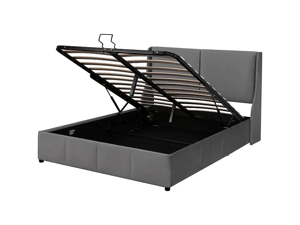 lit fonctionnel hydraulique - 140 x 190 cm - design binaural - tête d'aile - velours - gris