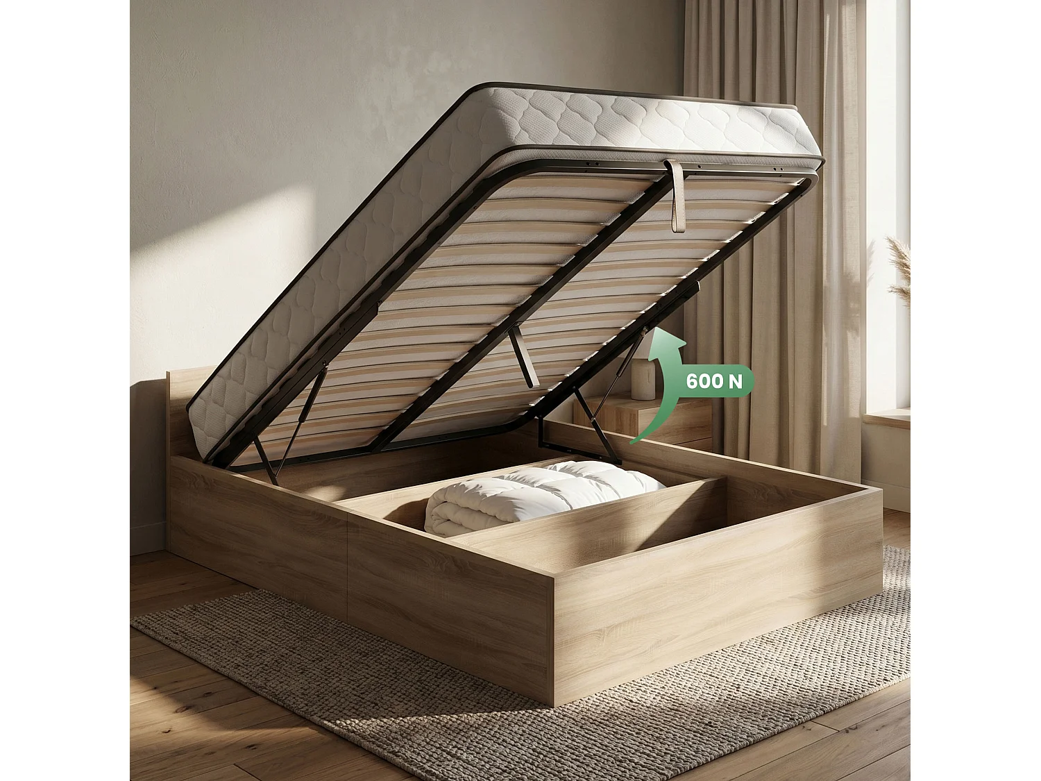 Lit coffre 120x200 cm sommier relevable en métal et matelas à ressorts Chêne Sonoma