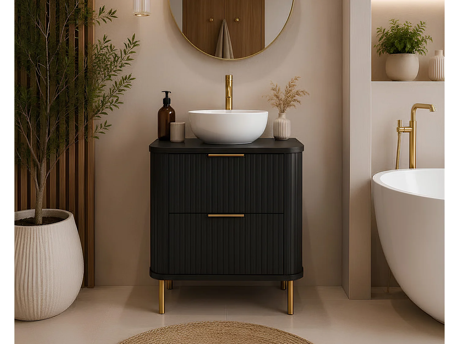 Free-standing bathroom cabinet with drawers and metal legs, colour Black, gold handle, gold legs, 60 x 41.5 x 66.7 cm